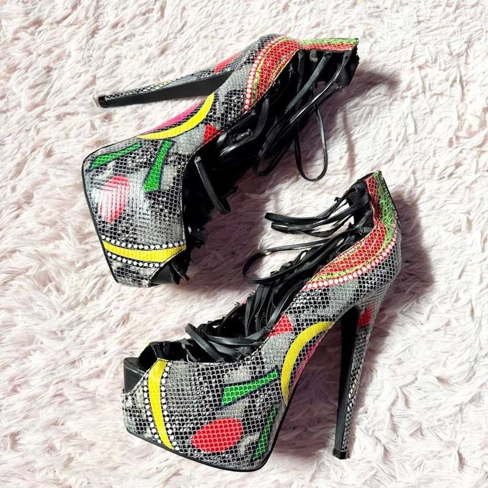 Streetwear Urban Colorful Snakeprint Platform Strappy Heels Womens 8.5 Colorful